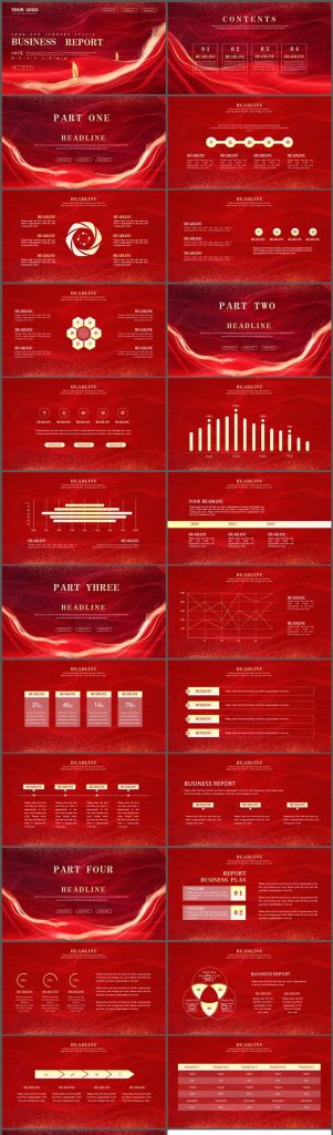 红色抽象波纹背景的商务汇报PPT模板-模板森林