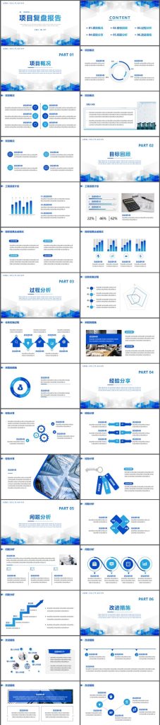 蓝色几何图形背景的项目复盘报告PPT模板-模板森林